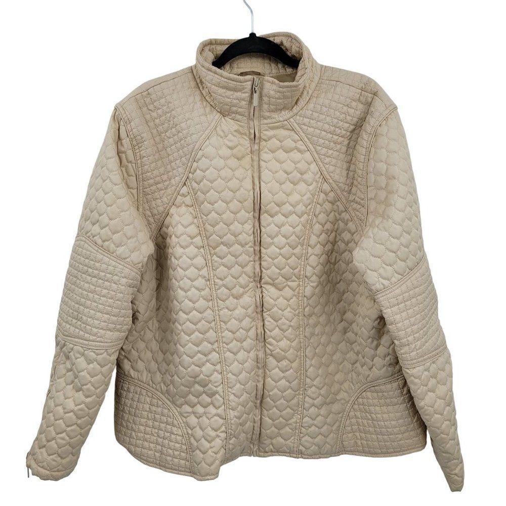 Vintage 80's Caren Sport Quilted Jacket Plus Size 1X Cream Patchwork Quilt Zip‎